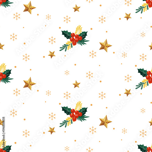 Christmas pattern with stars, christmas flowers, snowflakes on a white background. Seamless background perfect for use in textiles, wallpapers, and festive decorations.