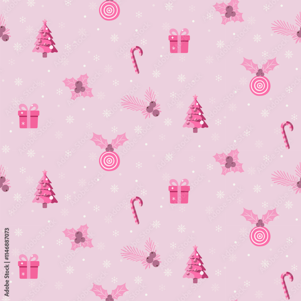 Christmas pattern with christmas tree, flowers, snowflakes, gifts on a pink background. Seamless background perfect for use in textiles, wallpapers, and festive decorations. Christmas pattern with christmas tree, flowers, snowflakes, gifts on a pink background. Seamless background perfect for use in textiles, wallpapers, and festive decorations.