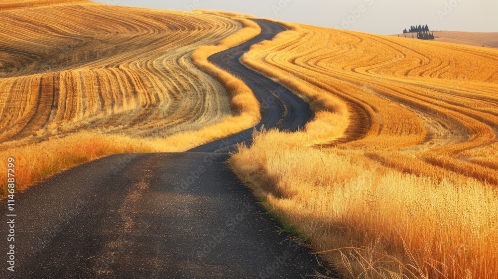 Fototapeta premium Copy space with a view of a winding road through golden fields of wheat on a road trip