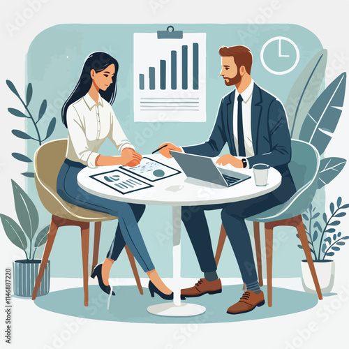 Partners meeting for business discussion with documents and laptop on desk. Couple at round table, speaking, discussing work, partnership. Flat vector illustration isolated on white background