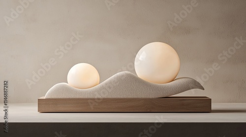 Modern minimalist table lamp with two glowing spheres on a wave-shaped base.