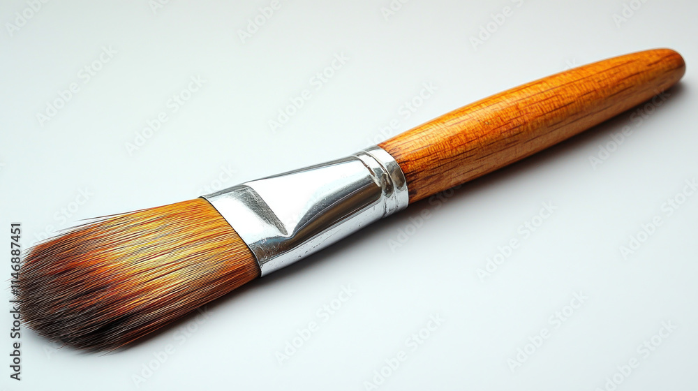 Wooden-handled paintbrush with worn bristles on white background. Wooden-handled paintbrush with worn bristles on white background.