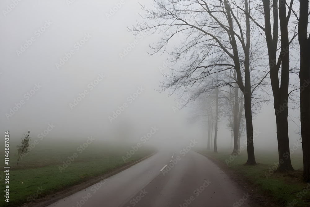 Empty asphalt road disappearing into the fog on a gloomy day