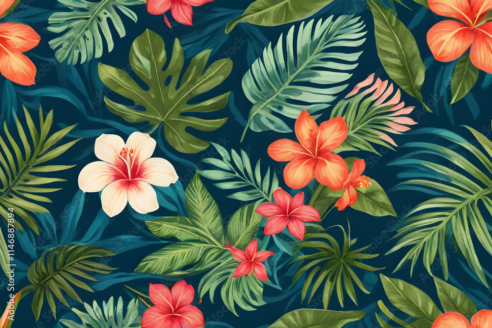 Tropical flowers and palm leaves creating exotic jungle pattern Tropical flowers and palm leaves creating exotic jungle pattern