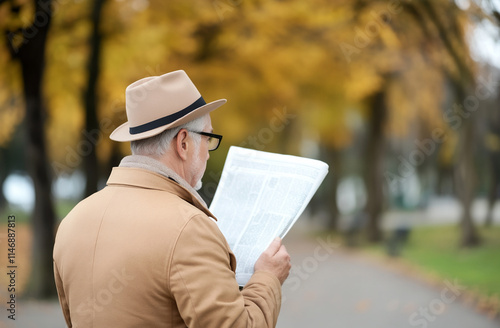 A detective in casual clothing blending in at a park, pretending to read a newspaper photo