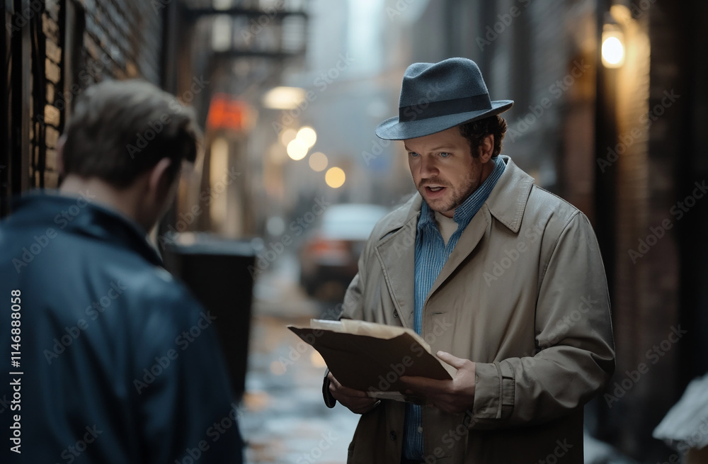 A detective in a trench coat questioning a suspect in a dimly lit alleyway A detective in a trench coat questioning a suspect in a dimly lit alleyway