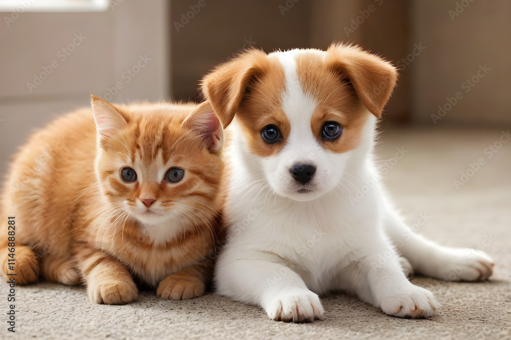 Fototapeta premium Adorable puppy and kitten relaxing together on carpet