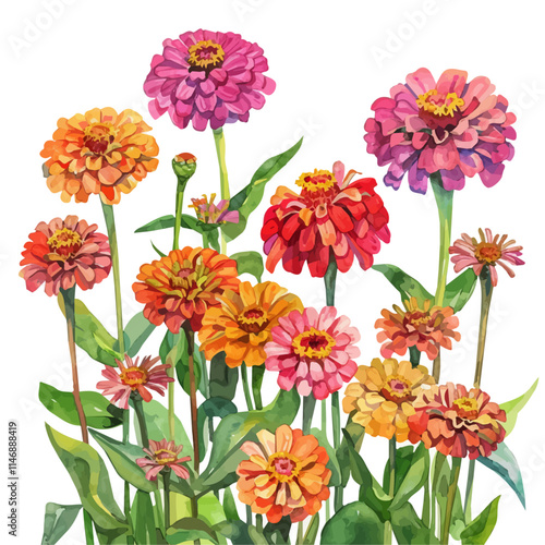 A watercolor vector of a brightly colored garden of summer zinnias, isolated on a white background. Zinnia garden vector.
