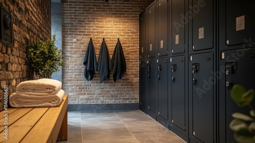 Modern gym locker room with neat folded towels