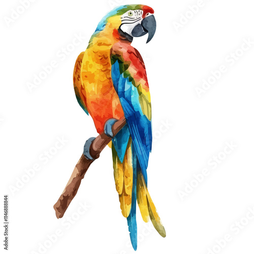 A watercolor vector of a brightly colored parrot perched on a branch, isolated on a white background. Parrot branch vector.
