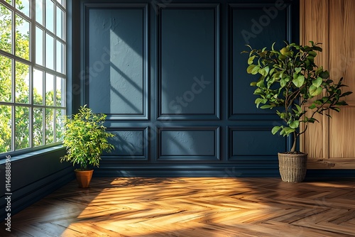 Photo an empty room with a dark blue wall and wooden paneling on the right side, a wooden floor, a window on the left side with a green tree in a pot on the windowsill, and wooden planks on the wall.  photo