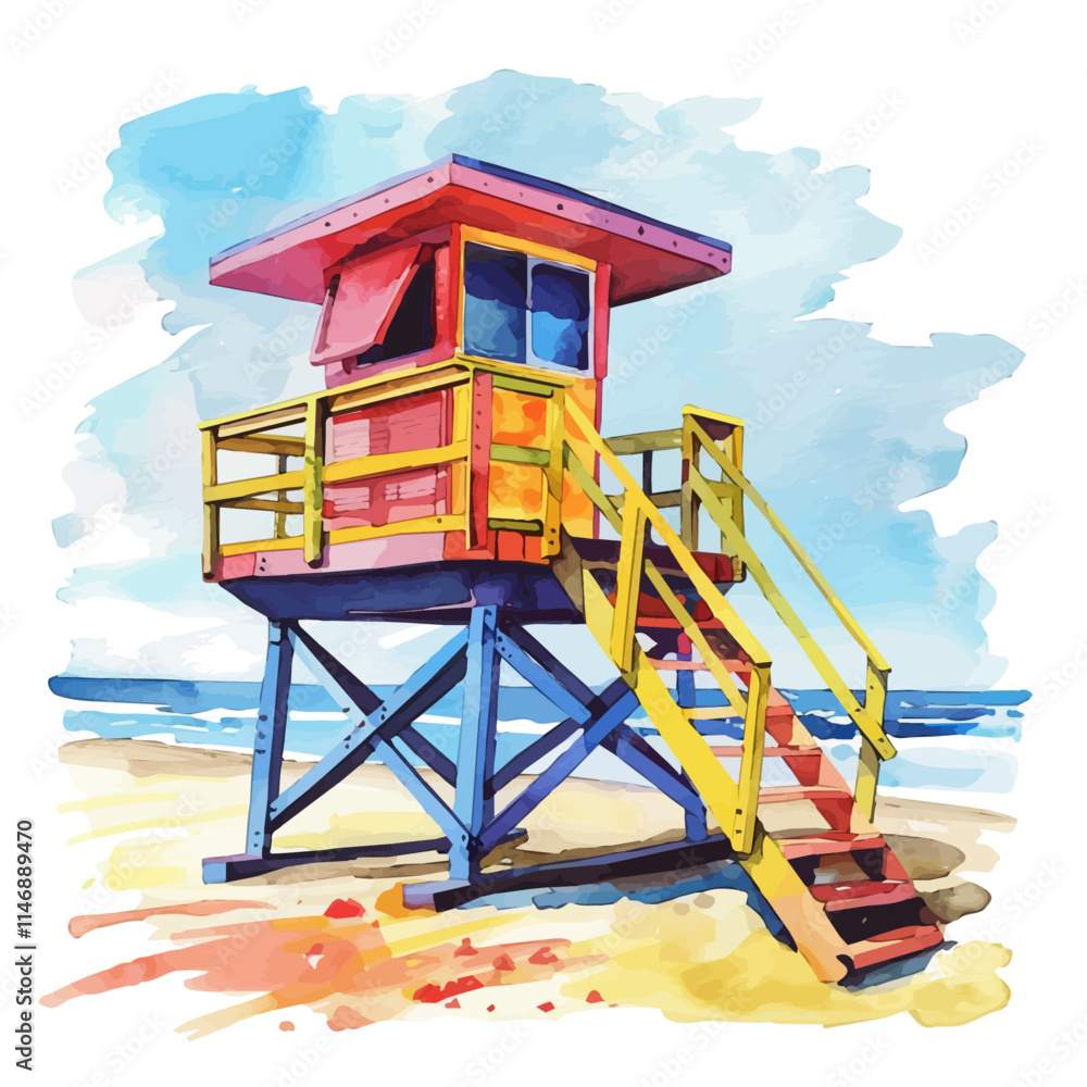 A watercolor drawing of a brightly painted lifeguard tower, isolated on a white background. Lifeguard tower vector.
A watercolor drawing of a brightly painted lifeguard tower, isolated on a white background. Lifeguard tower vector.