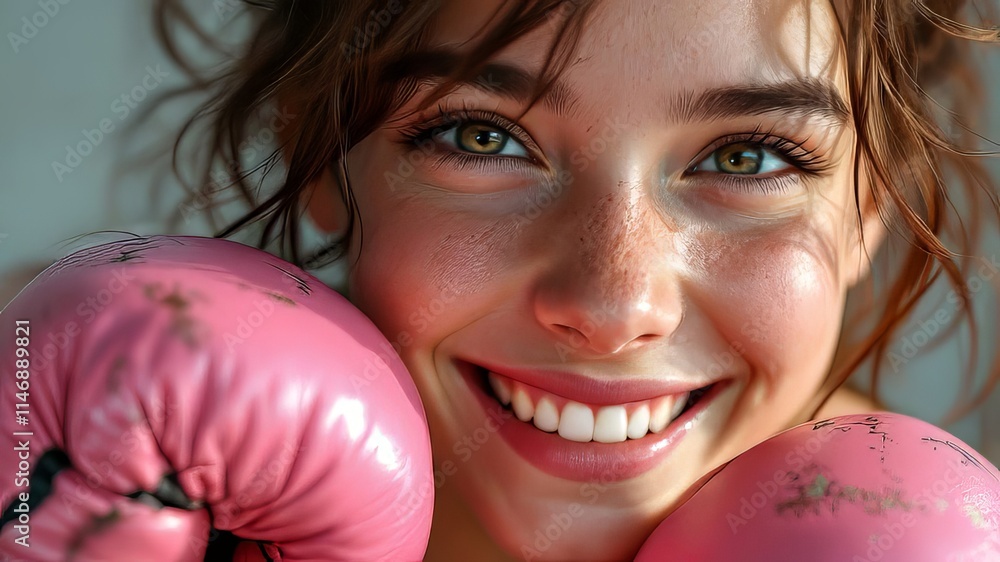 Pink boxing gloves, macro close-up, happy beach girl. Pink boxing gloves, macro close-up, happy beach girl.