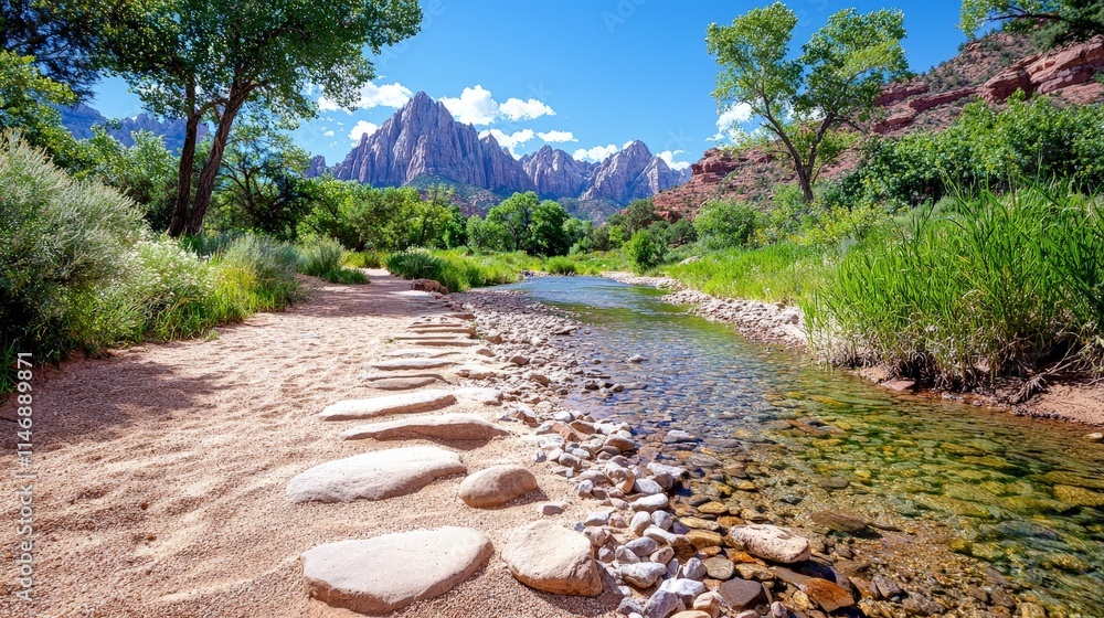 Scenic river path with stepping stones, lush greenery, and majestic mountains under a vibrant blue sky. Scenic river path with stepping stones, lush greenery, and majestic mountains under a vibrant blue sky.
