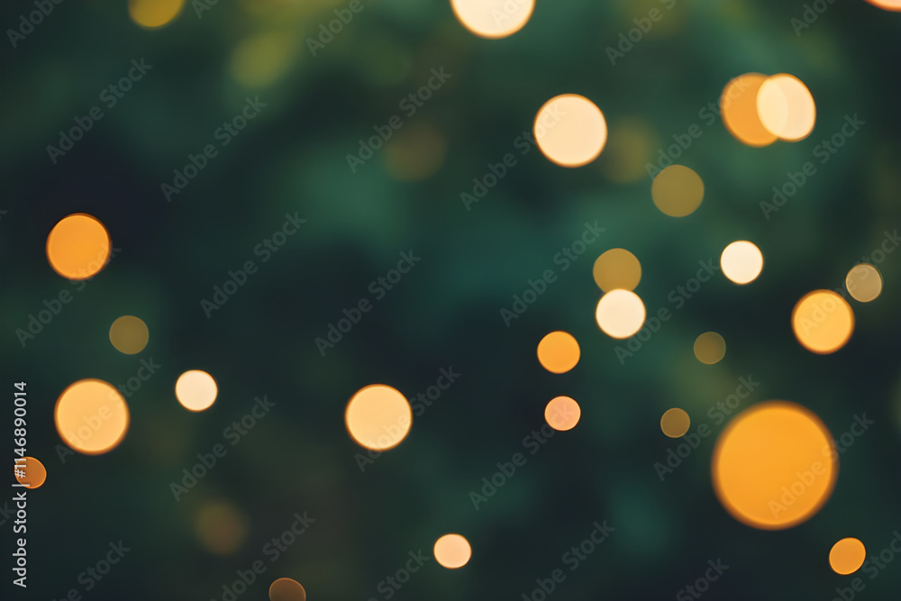 Fototapeta premium Golden bokeh lights creating a festive, sparkling background on dark green