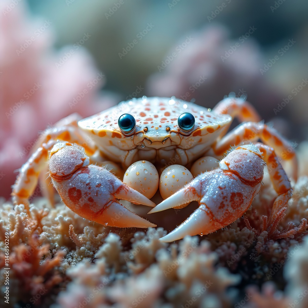 Porcelain crab, speckled with eggs. Porcelain crab, speckled with eggs.