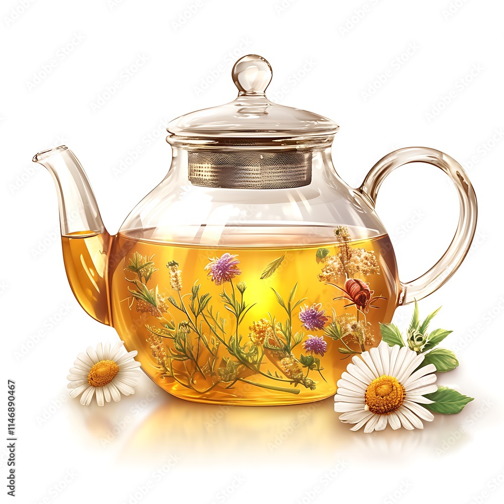 Clear Glass Teapot with Herbal Tea and Fresh Flowers Display Clear Glass Teapot with Herbal Tea and Fresh Flowers Display