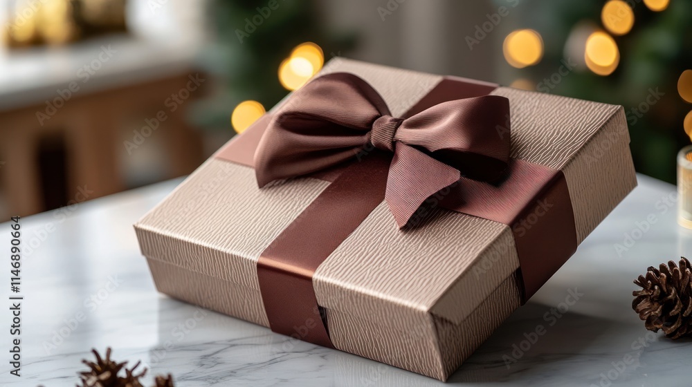 Elegant gift box with brown ribbon bow on marble. Elegant gift box with brown ribbon bow on marble.