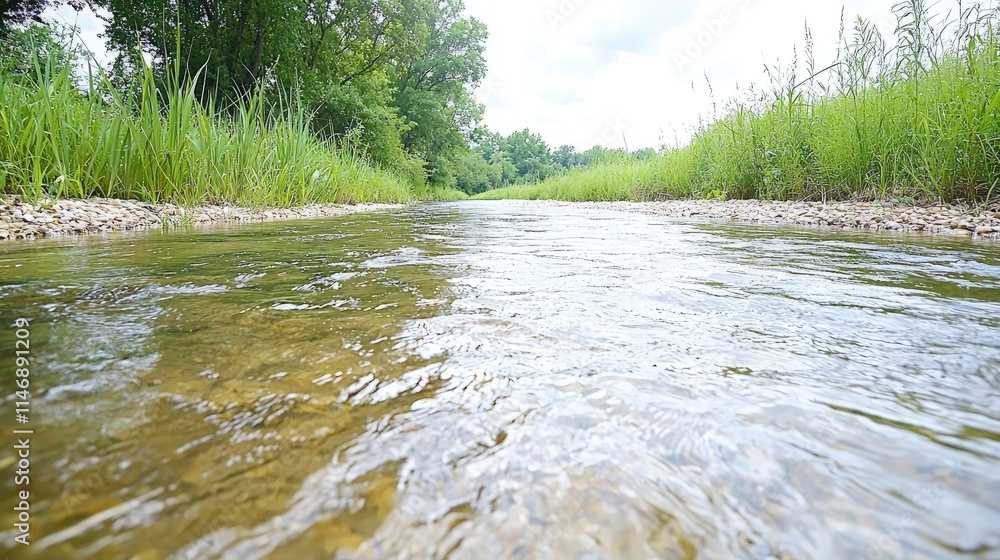 Clear stream flowing through a grassy riverbank. Clear stream flowing through a grassy riverbank.