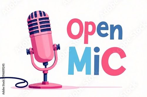 Colorful open mic event concept with retro microphone for music and entertainment themes