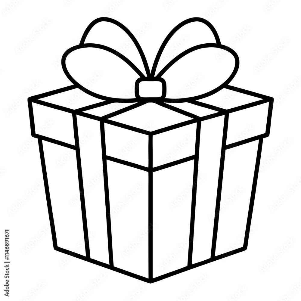 Minimalist Gift Box with Ribbon and Bow – Black and White Illustration Minimalist Gift Box with Ribbon and Bow – Black and White Illustration