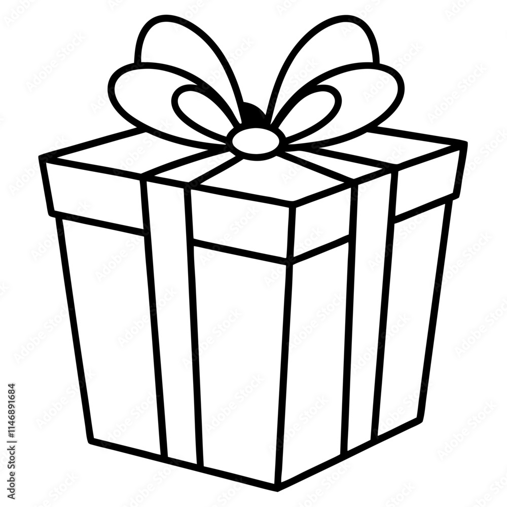 Minimalist Gift Box with Ribbon and Bow – Black and White Illustration Minimalist Gift Box with Ribbon and Bow – Black and White Illustration