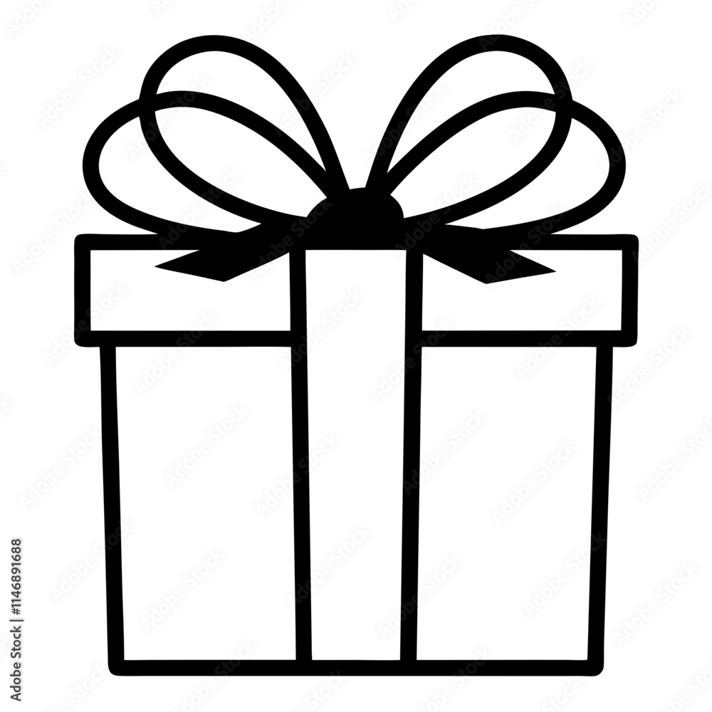 Minimalist Gift Box with Ribbon and Bow – Black and White Illustration Minimalist Gift Box with Ribbon and Bow – Black and White Illustration