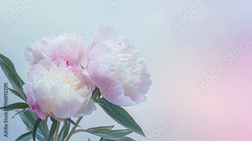 Fototapeta Naklejka Na Ścianę i Meble -  Pale pink peonies on a dreamy pastel background, close-up shot, Minimalist style