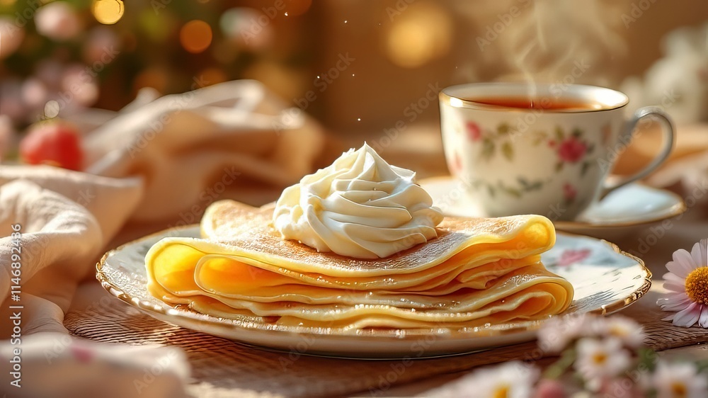 Fototapeta premium Russian crepe breakfast delight.