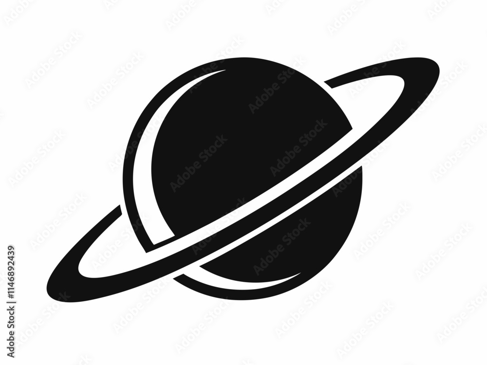Planet with Ring System – Black and White Icon Planet with Ring System – Black and White Icon