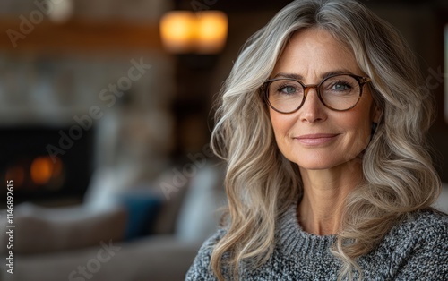 A woman with glasses smiling indoors.