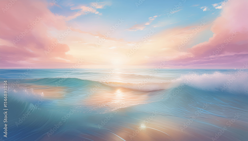 Fototapeta premium A serene sunrise over a calm ocean, with soft waves, golden reflections, and a pastel-color
