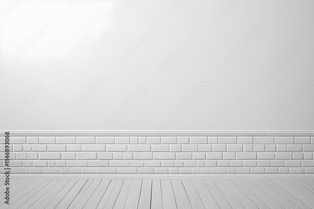 White room with wooden floor and brick wall creating modern interior design White room with wooden floor and brick wall creating modern interior design
