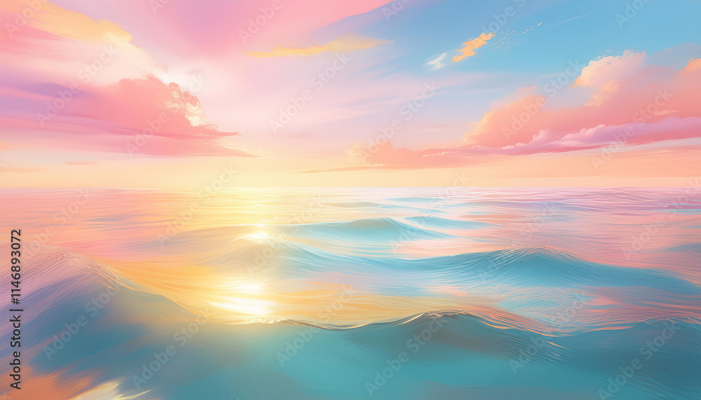 Obraz premium A serene sunrise over a calm ocean, with soft waves, golden reflections, and a pastel-color