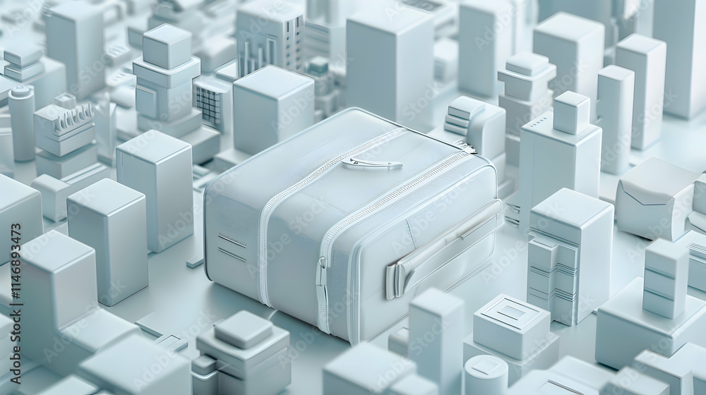A minimalist white suitcase sits amid a stylized cityscape of white buildings. A minimalist white suitcase sits amid a stylized cityscape of white buildings.