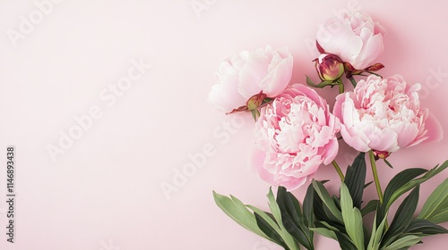 Fototapeta Naklejka Na Ścianę i Meble -  Pale pink peonies on a dreamy pastel background, close-up shot, Minimalist style