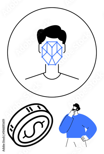 Face with geometric overlay, coin with dollar sign, and person thinking in blue shirt and black hair. Ideal for technology, finance, security, decision-making, identity AI innovation. Line metaphor