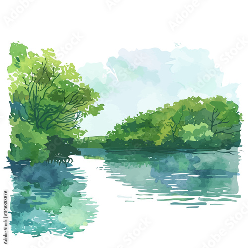 A watercolor vector of a calm lagoon surrounded by mangroves, isolated on a white background. Calm lagoon mangroves vector.
