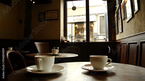 Wallpaper Mural Two Coffee Cups on a Table in a Cafe with a Window View Torontodigital.ca
