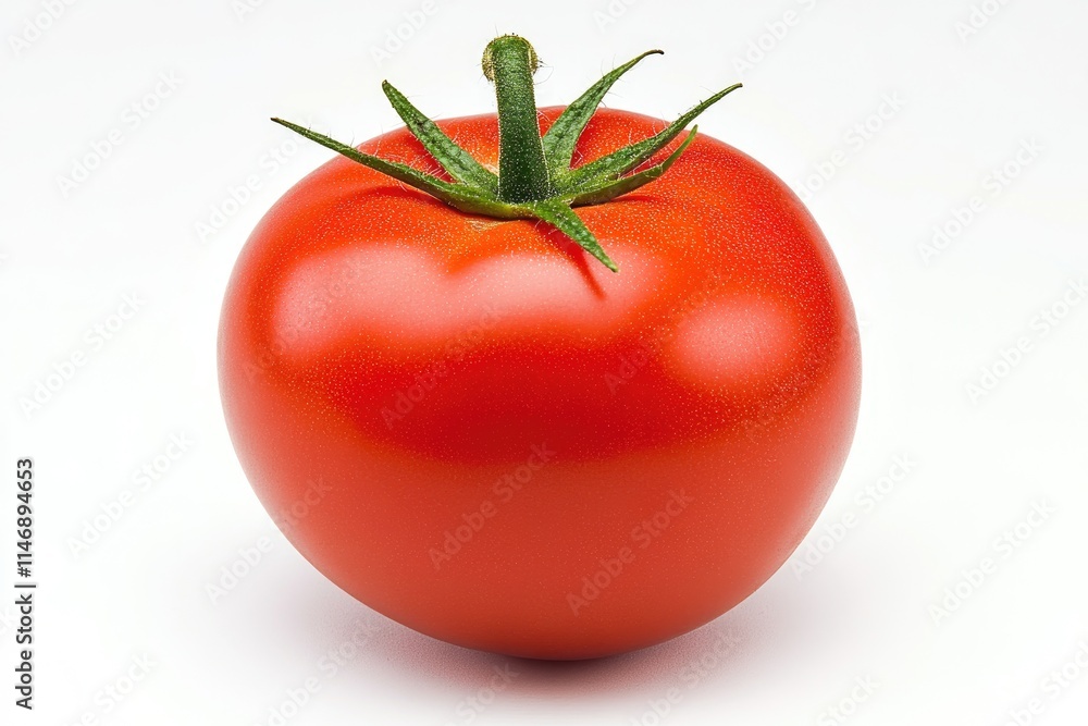 A perfectly ripe red tomato with a green stem, isolated on a white background A perfectly ripe red tomato with a green stem, isolated on a white background