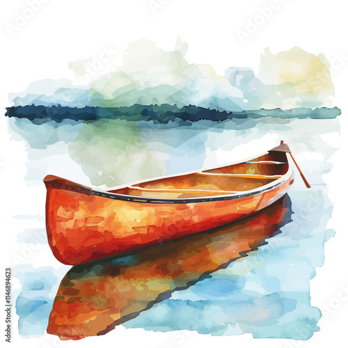 A watercolor vector of a canoe docked on a serene summer lake, isolated on a white background. Canoe serene summer lake vector.
