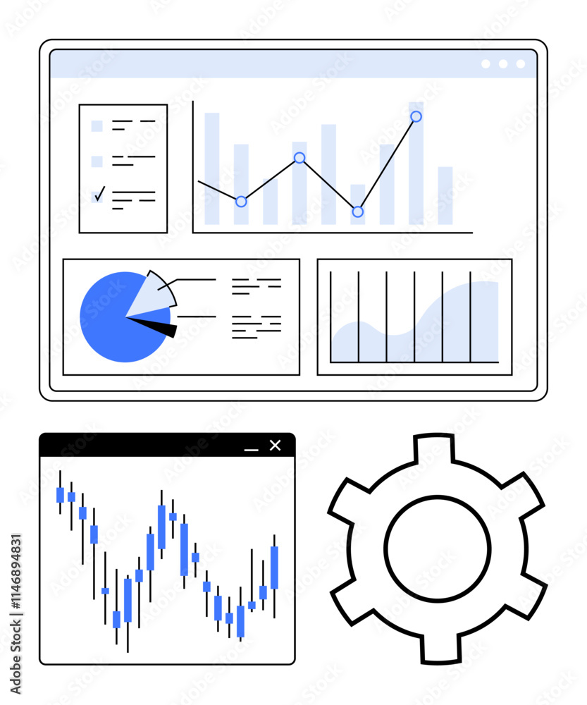 Charts, graphs, and a gear icon displayed in a dashboard interface. Ideal for data analysis, business reporting, financial management, performance tracking, tech support, project management Charts, graphs, and a gear icon displayed in a dashboard interface. Ideal for data analysis, business reporting, financial management, performance tracking, tech support, project management