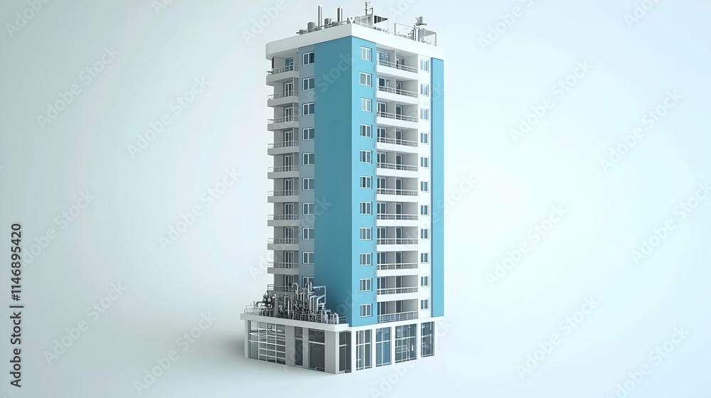 A modern multi-story building with a blue facade and rooftop features. A modern multi-story building with a blue facade and rooftop features.