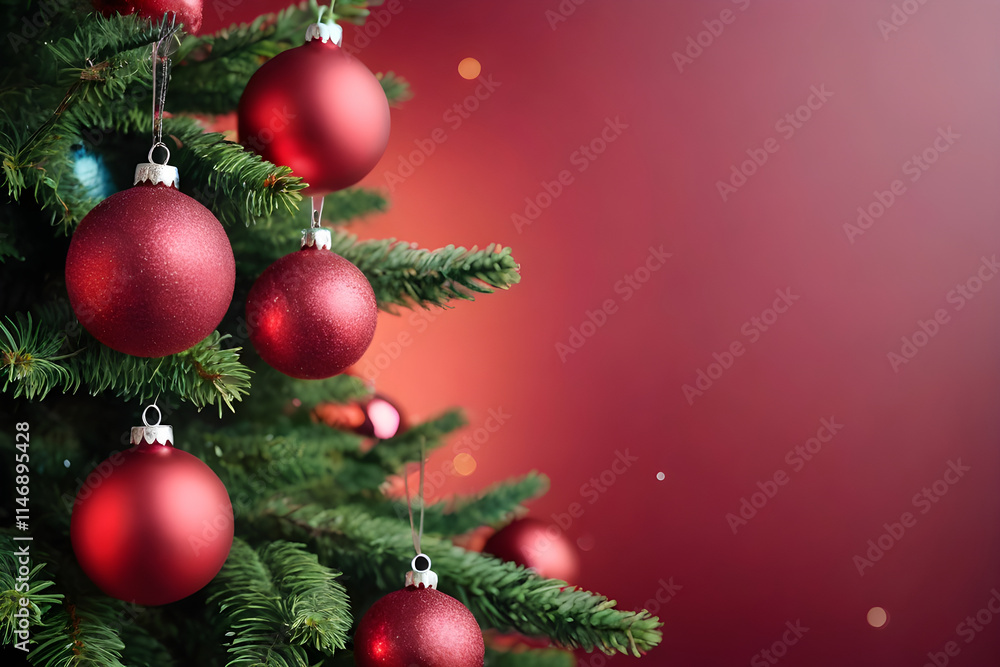 Christmas tree decorated with red baubles on red background Christmas tree decorated with red baubles on red background
