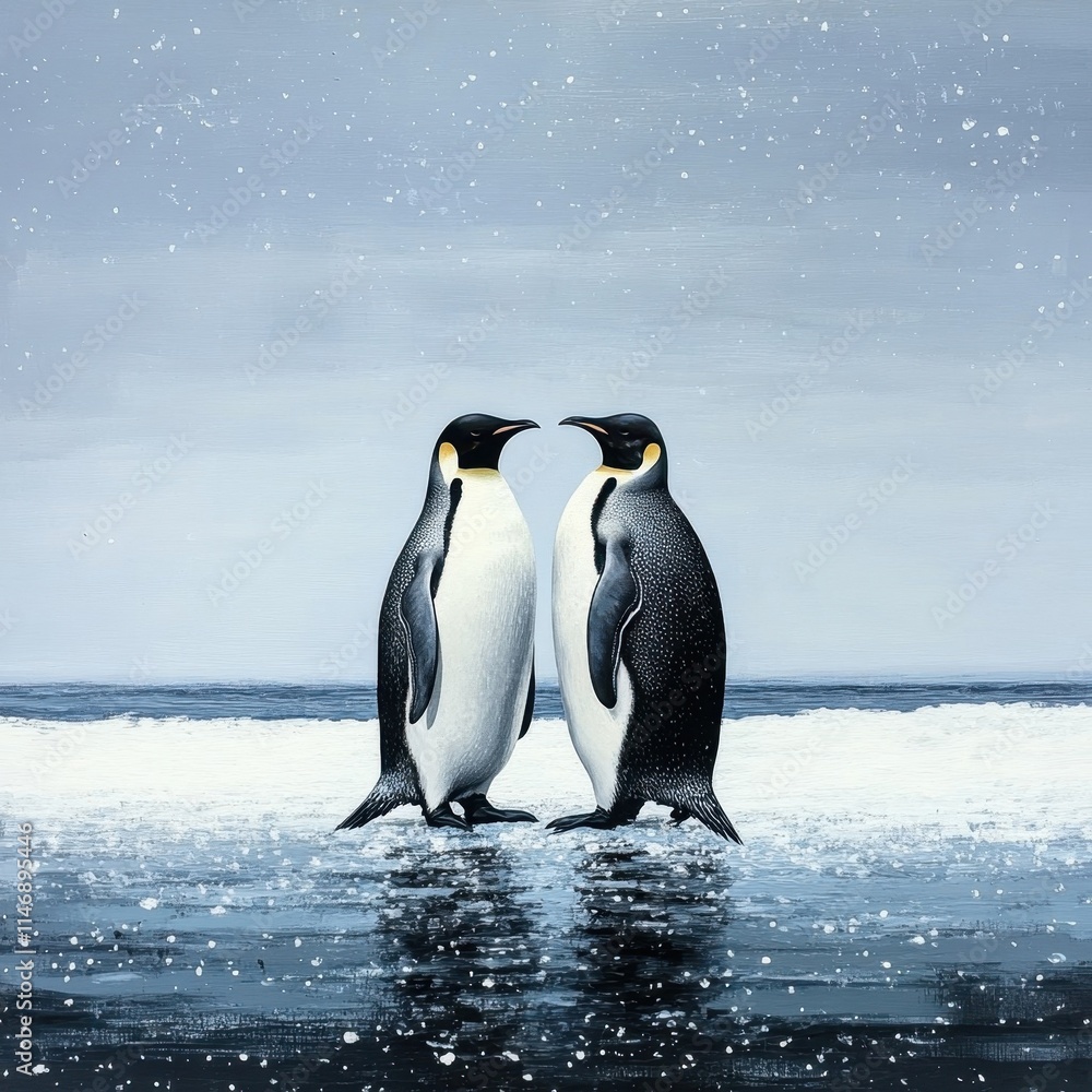 Obraz premium Two penguins standing on a beach, one of them is looking at the other. Scene is peaceful and serene, as the penguins seem to be enjoying each other's company in a beautiful natural setting
