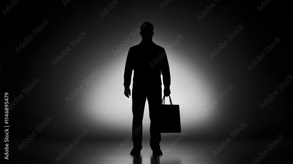 A silhouette of a person with a shopping bag, symbolizing modern consumer habits. Person with shopping bag. A silhouette of a person with a shopping bag, symbolizing modern consumer habits. Person with shopping bag.