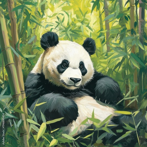 A panda bear is sitting in a forest with green leaves and bamboo. The painting has a calm and peaceful mood, as the bear is relaxed and comfortable in its natural habitat
