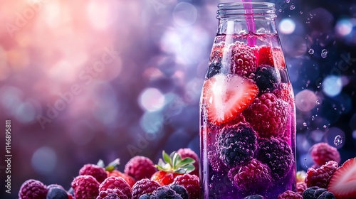 Refreshing berry smoothie in a glass bottle, vibrant and colorful. photo