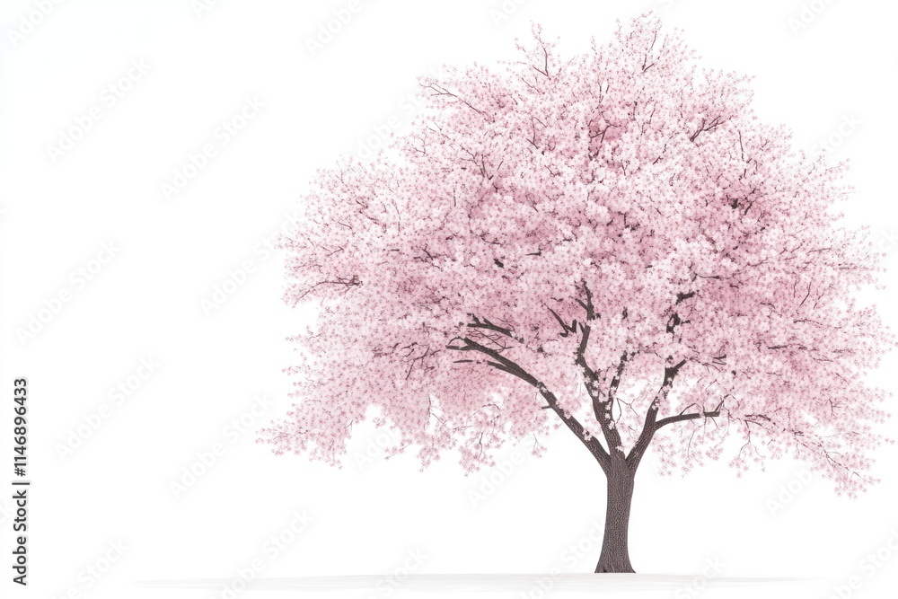 Fototapeta premium Single pink cherry blossom tree isolated on white background.
