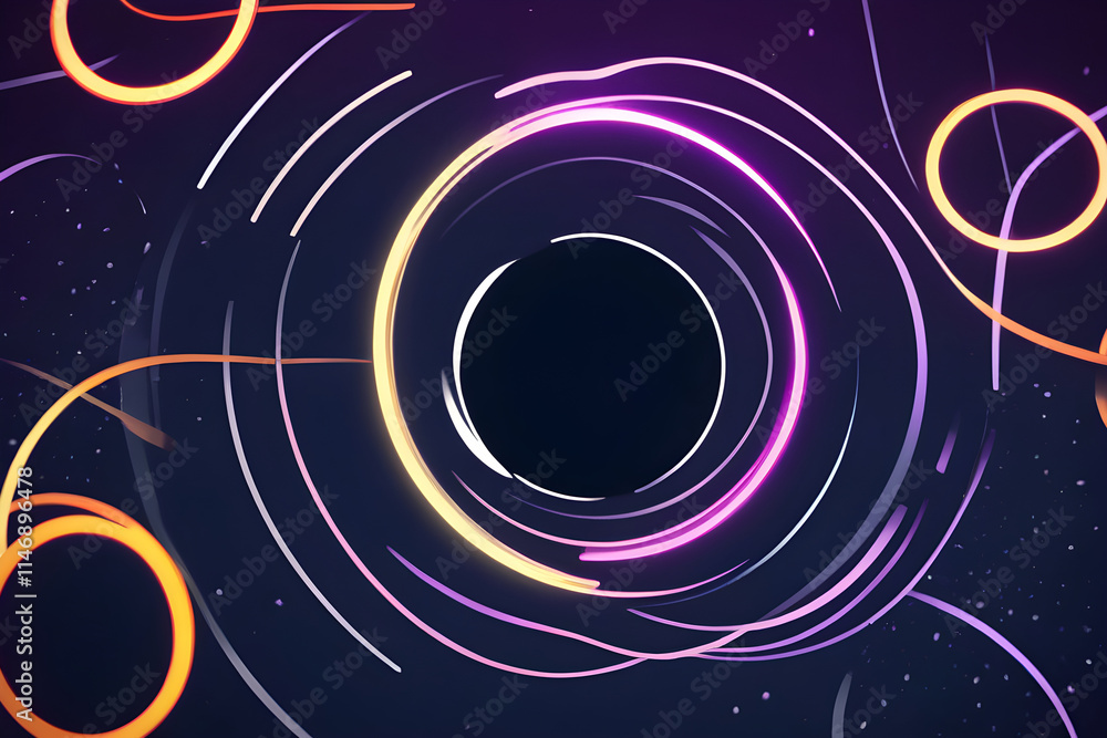 Fototapeta premium Glowing neon circles rotating around black hole in outer space